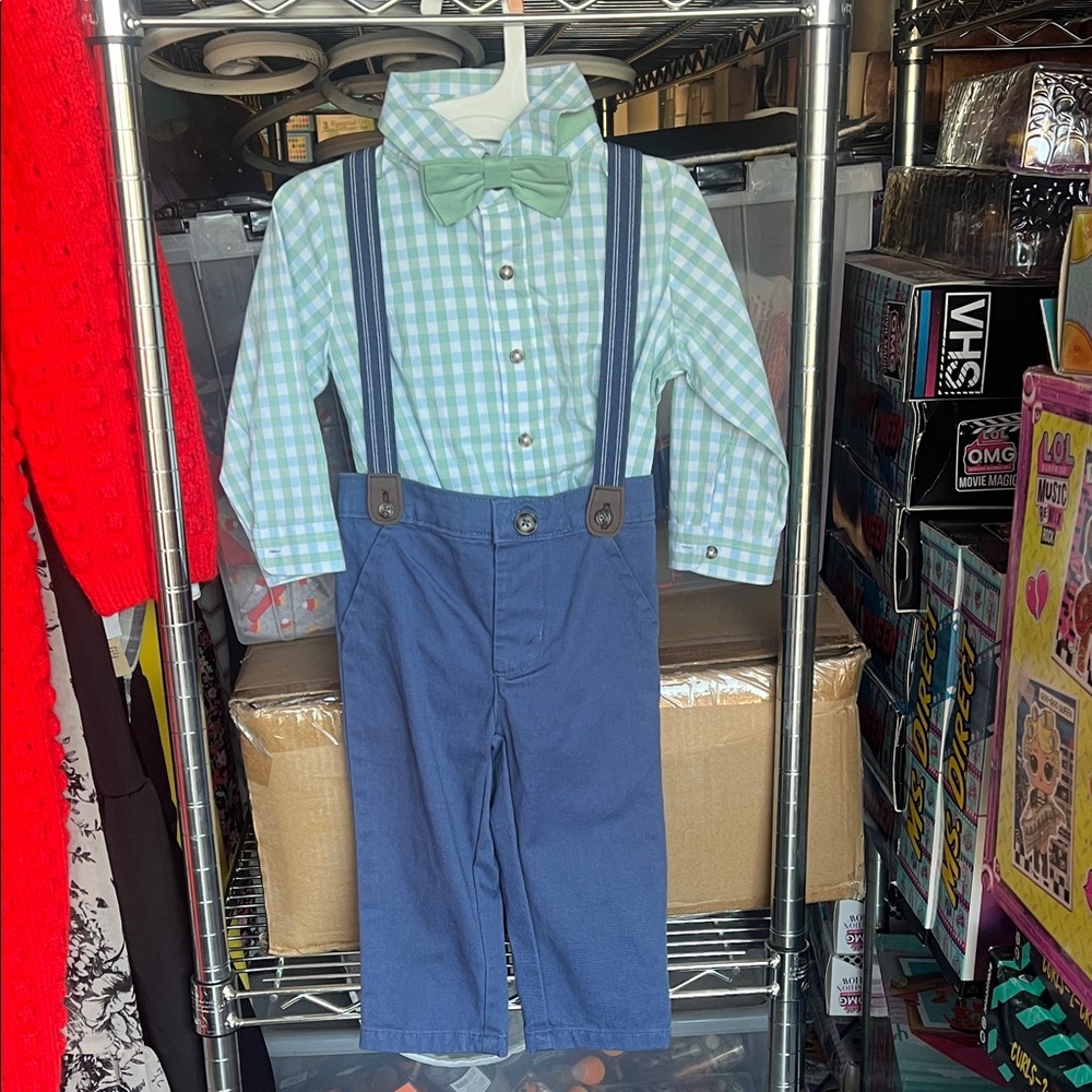 Boys Easter suit Green Gingham Shirt with Bow Tie & Navy Suspender Pants